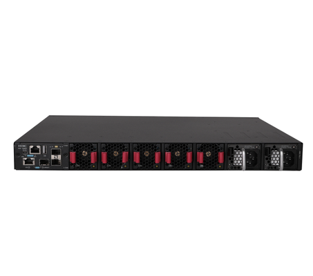 H3C S9850-32H witch provides 32 × 100G QSFP28 ports, 2 × 1G SFP ports, 5 × fan tray slots, 2 × out-of-band management ports, 1 × mini USB console port, and 1 × USB port