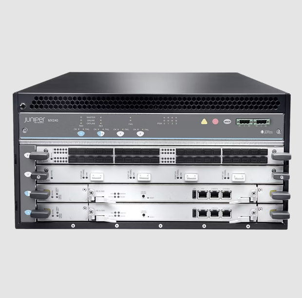 Juniper MX240 Universal Routing Platform Has default memory of 64 GB of DDR4 RAM; 2x50 GB SSD